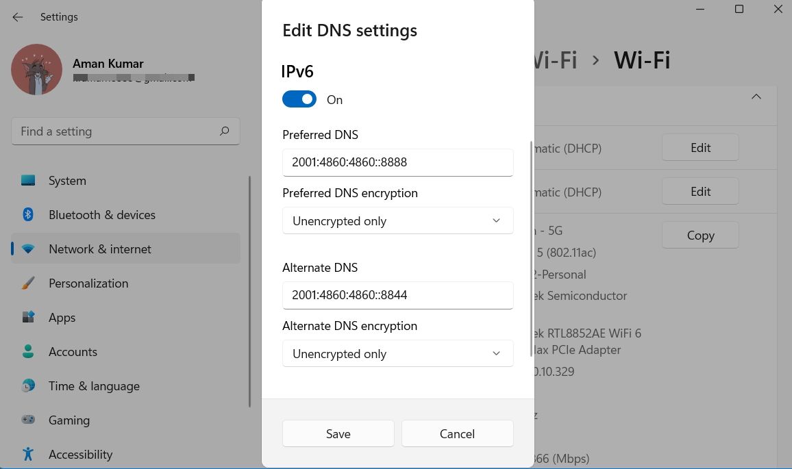 Editar tela de configurações de DNS