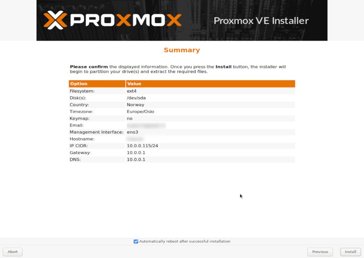 página de resumo da instalação do proxmox