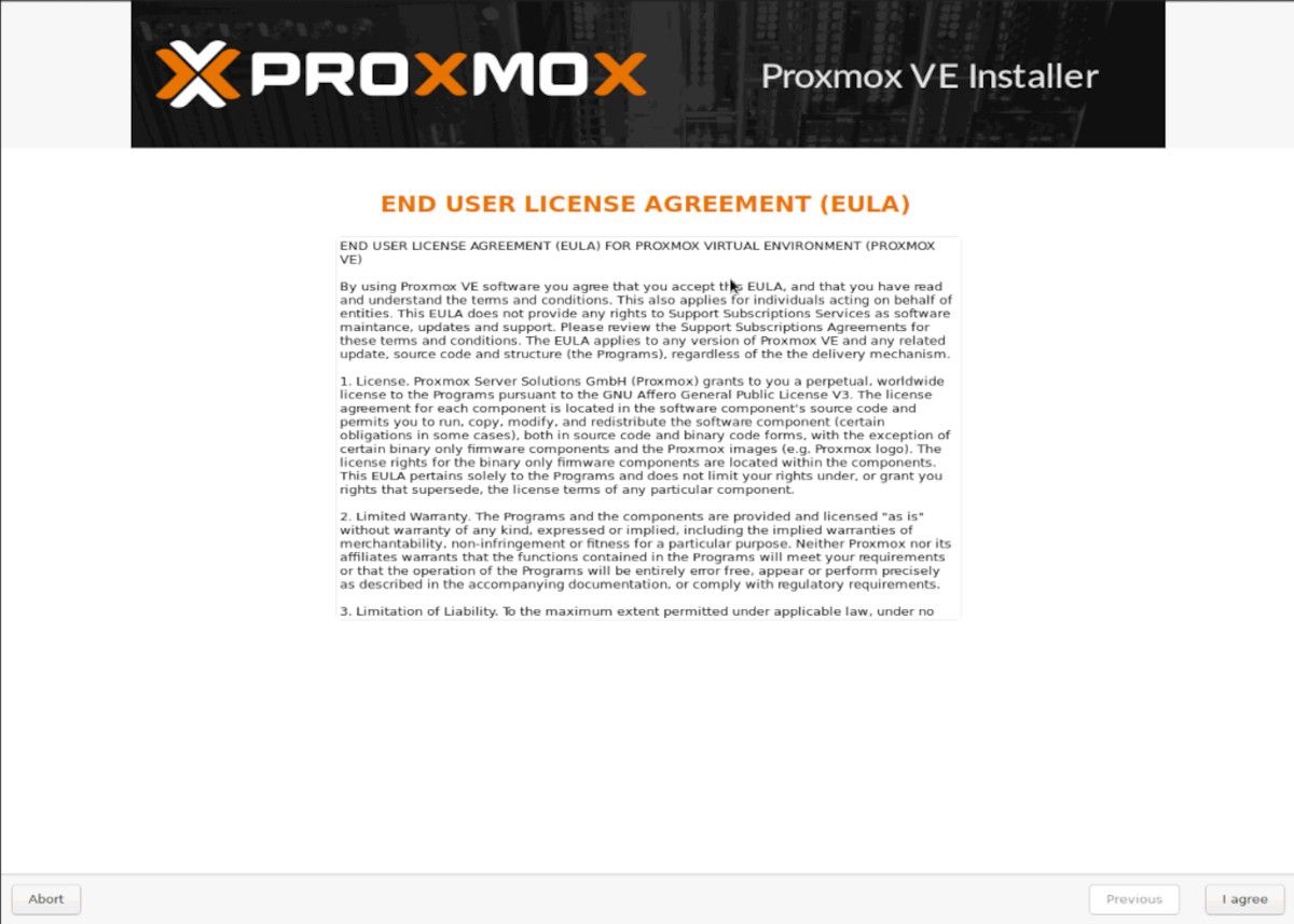 página do contrato de licença proxmox ve