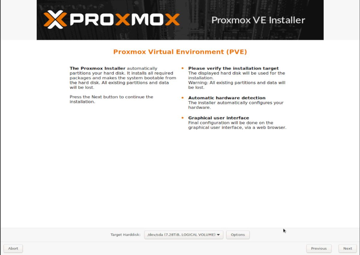 seleção de instalação de disco proxmox