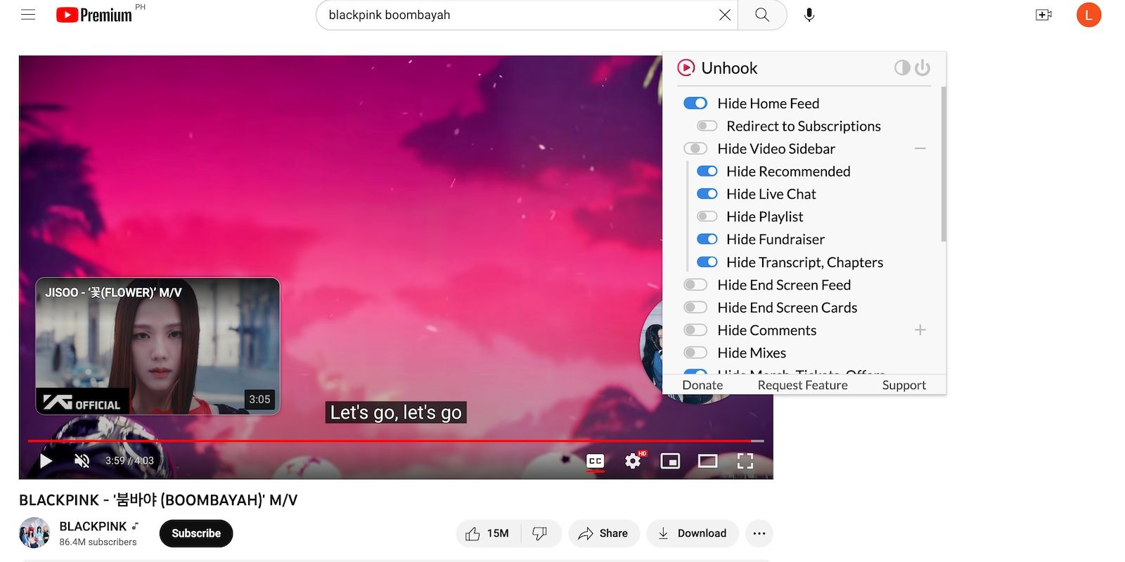Unhook Plugin removendo cartões finais para vídeo de música do YouTube