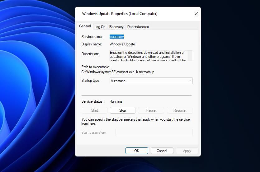 A janela Propriedades do Windows Update 
