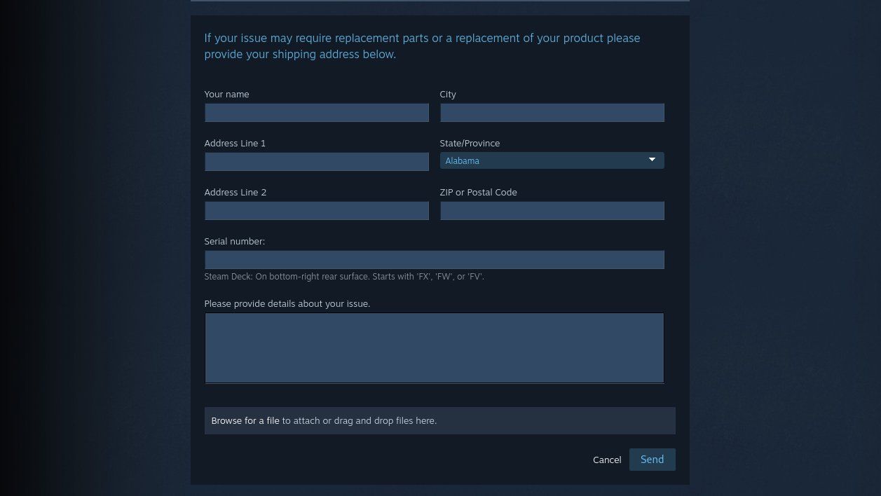 Abrindo um ticket de suporte na página de suporte do Steam Deck.