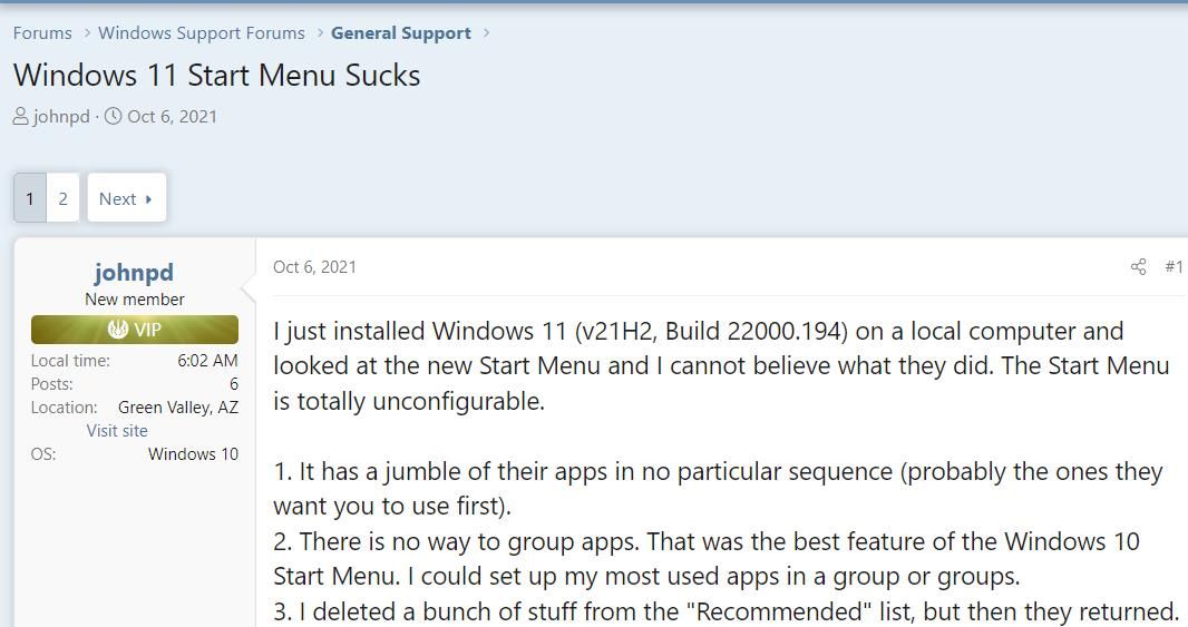 Postagem do fórum de um usuário sobre o menu Iniciar do Windows 11 