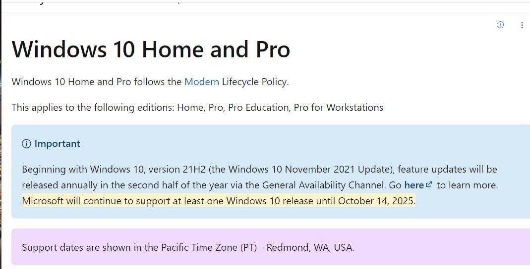 A data de fim do suporte para o Windows 10 no site da Microsoft