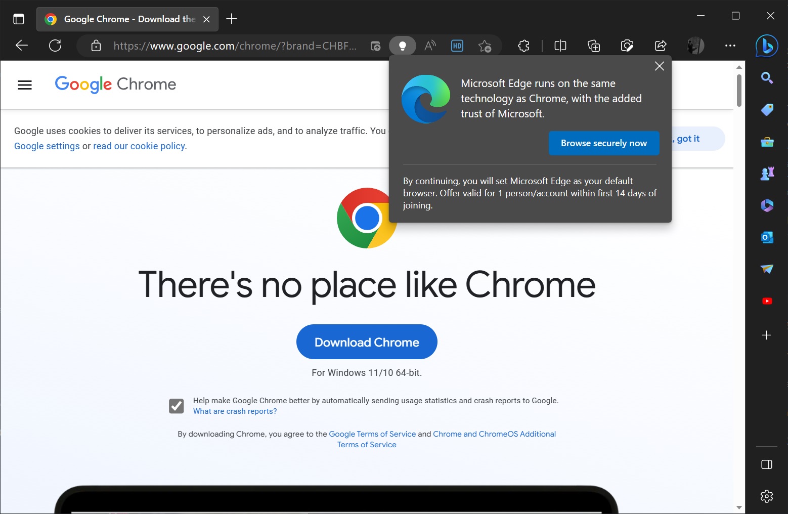 Anúncio do Microsoft Edge Chrome