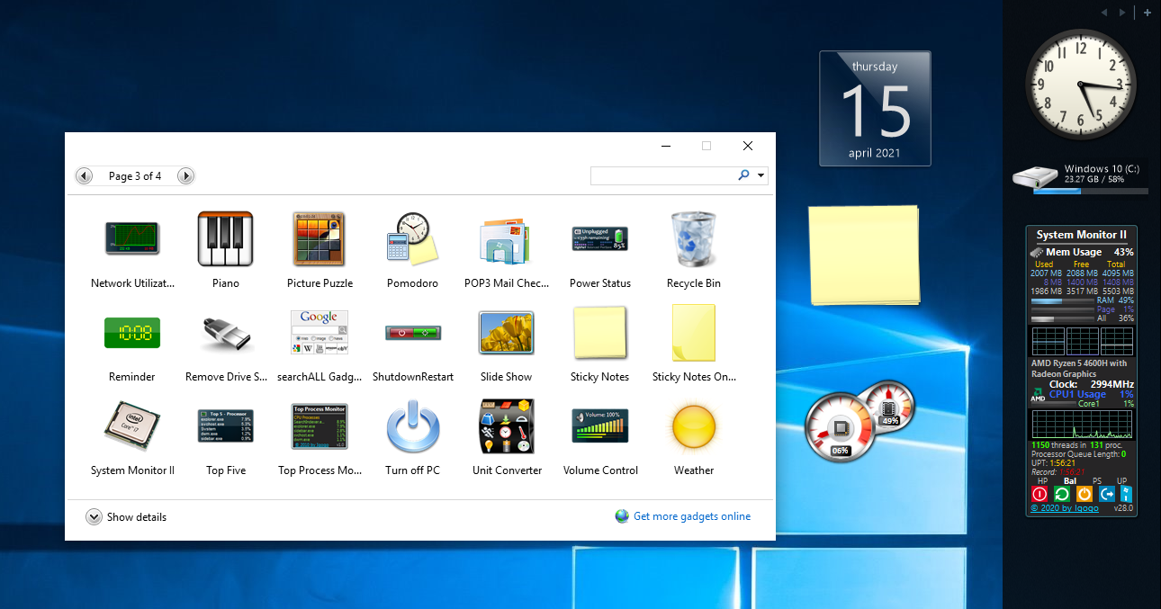 Gadgets de área de trabalho para Windows 10