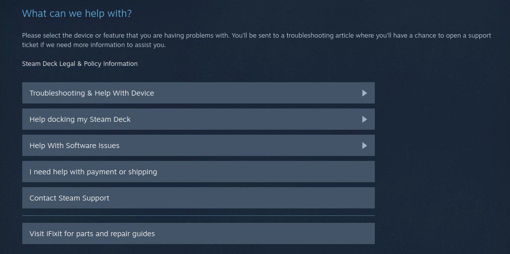 As opções disponíveis na página de suporte do Steam Deck da Valve.