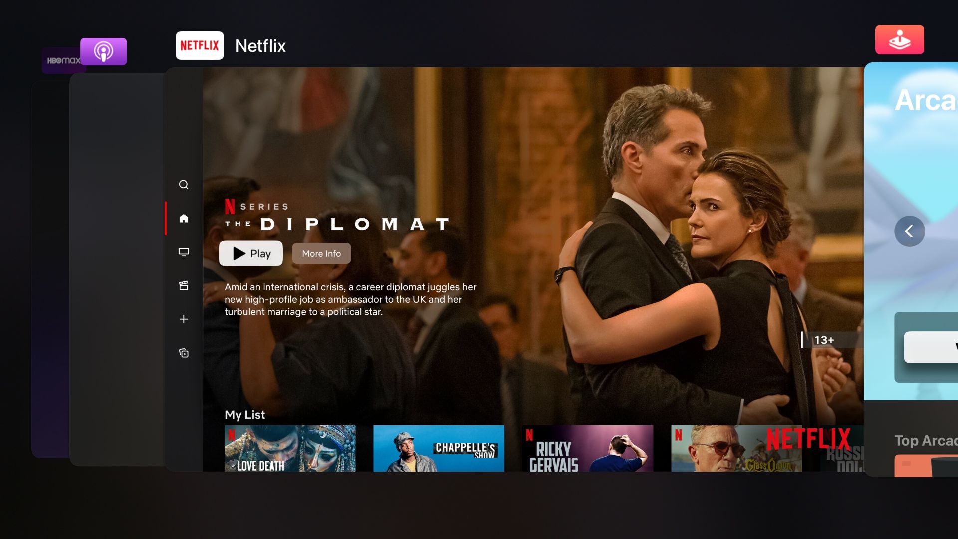 Captura de tela da Apple TV mostrando o alternador de aplicativos tvOS com o aplicativo Netflix no centro