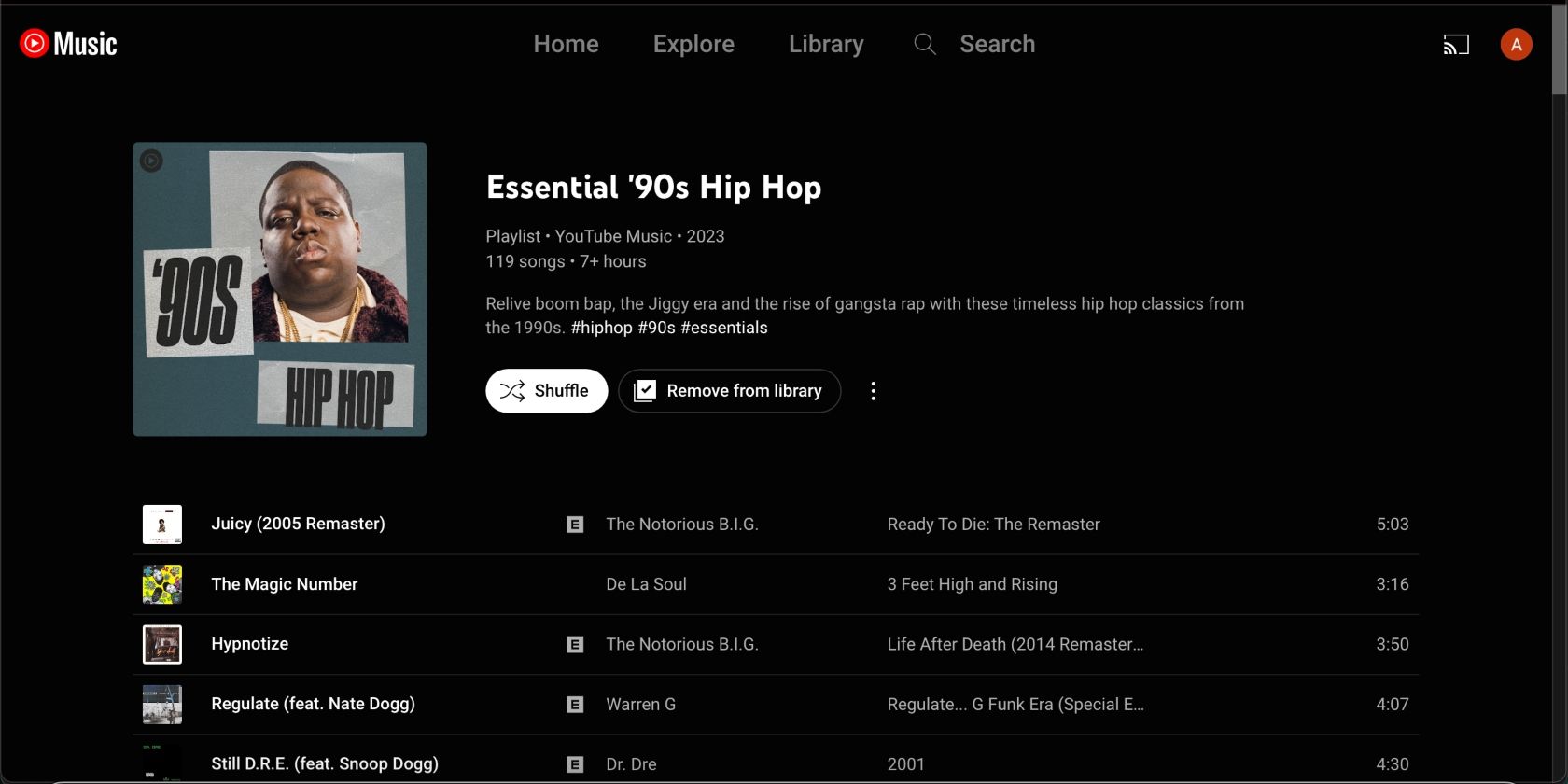 lista de reprodução essencial de hip hop dos anos 90 no YouTube Music para computador