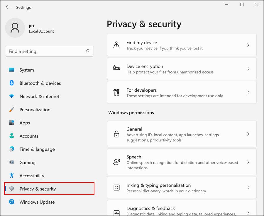 Seção de privacidade e segurança nas configurações do Windows 