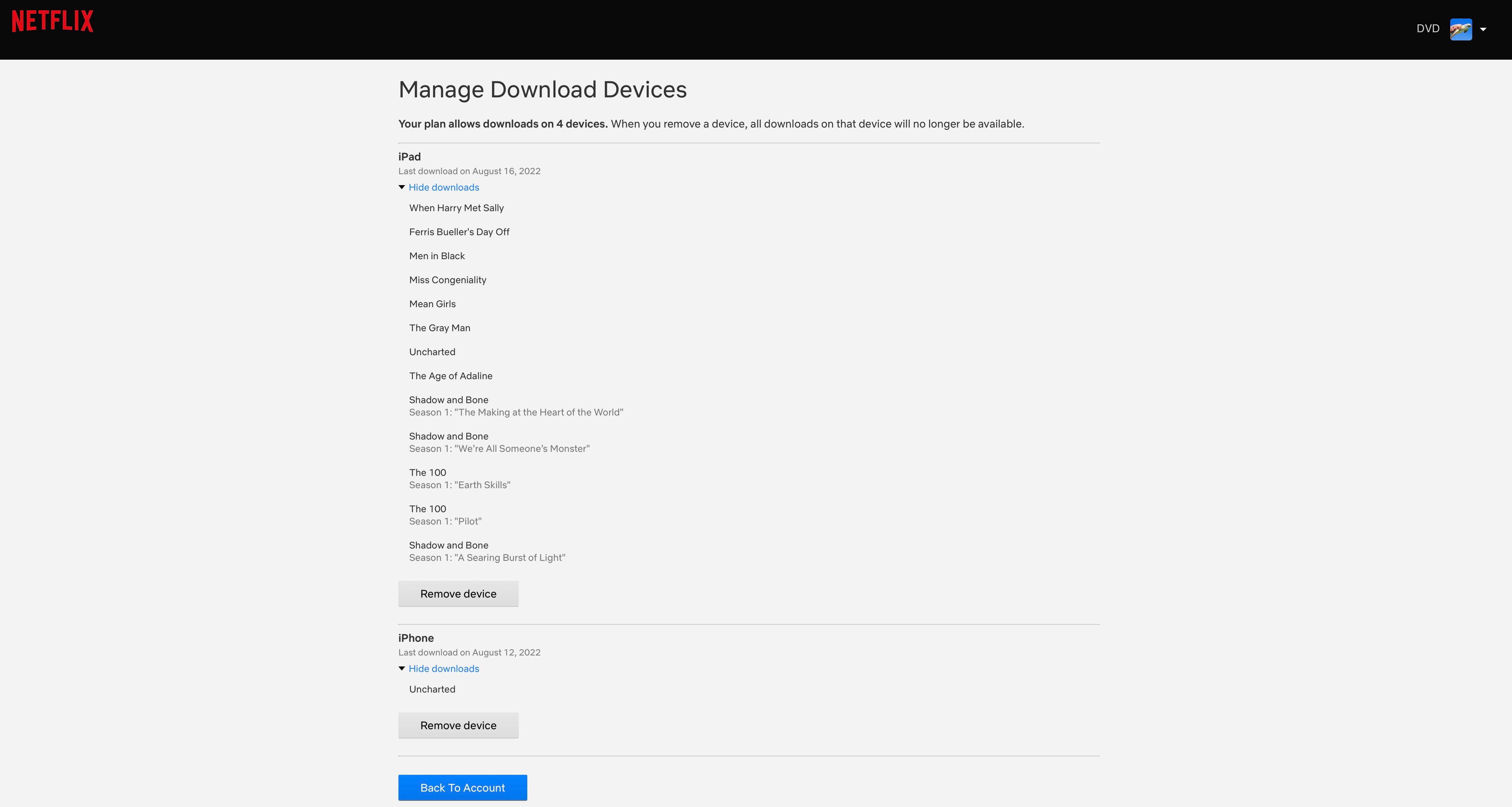 Netflix Remover dispositivo para página de downloads com botões Remover dispositivo e listas de dispositivos. 