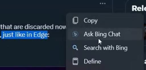 Peça o mini-menu do Bing Chat