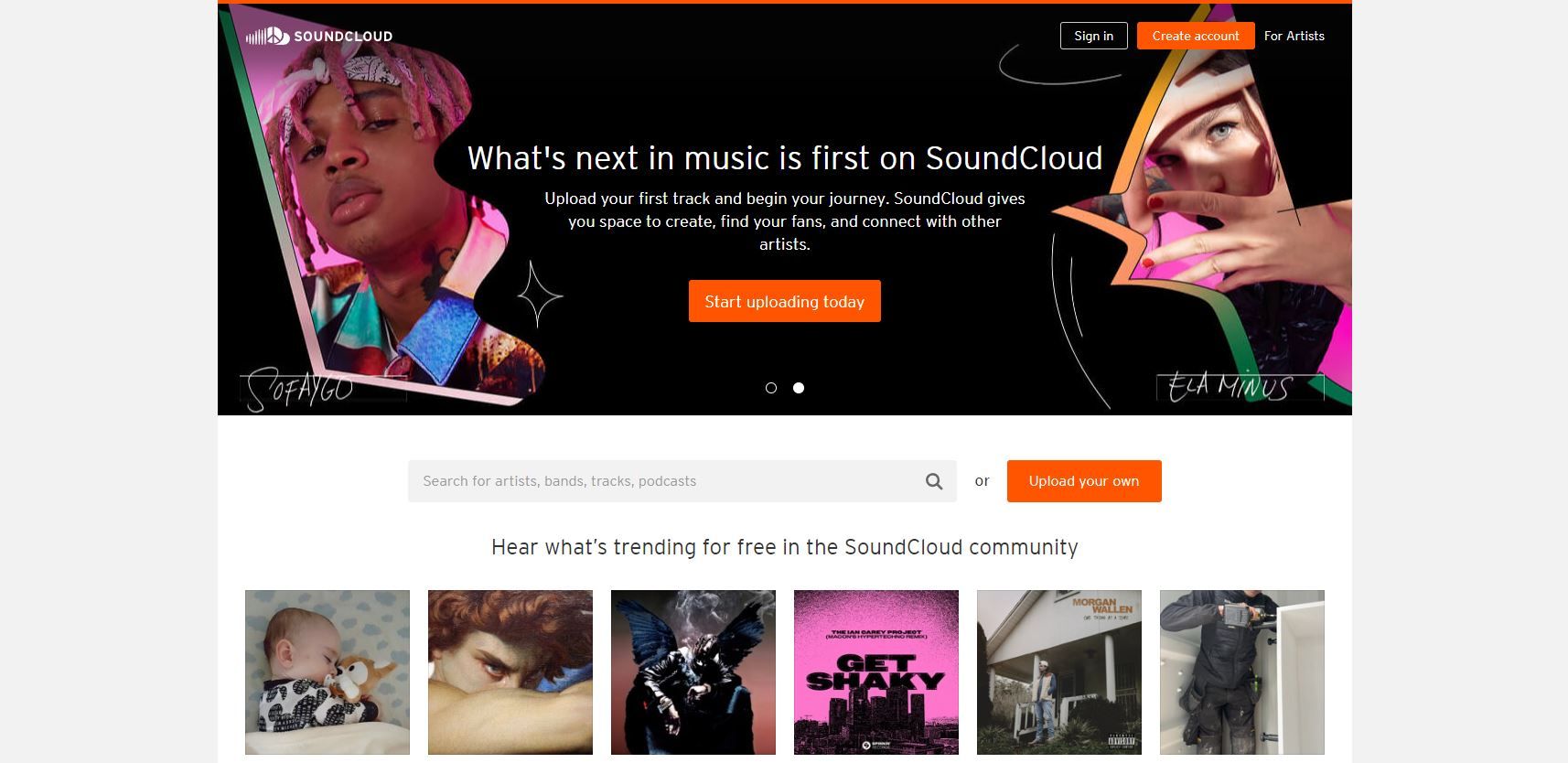 Uma captura de tela do serviço gratuito de escuta de música do SoundCloud