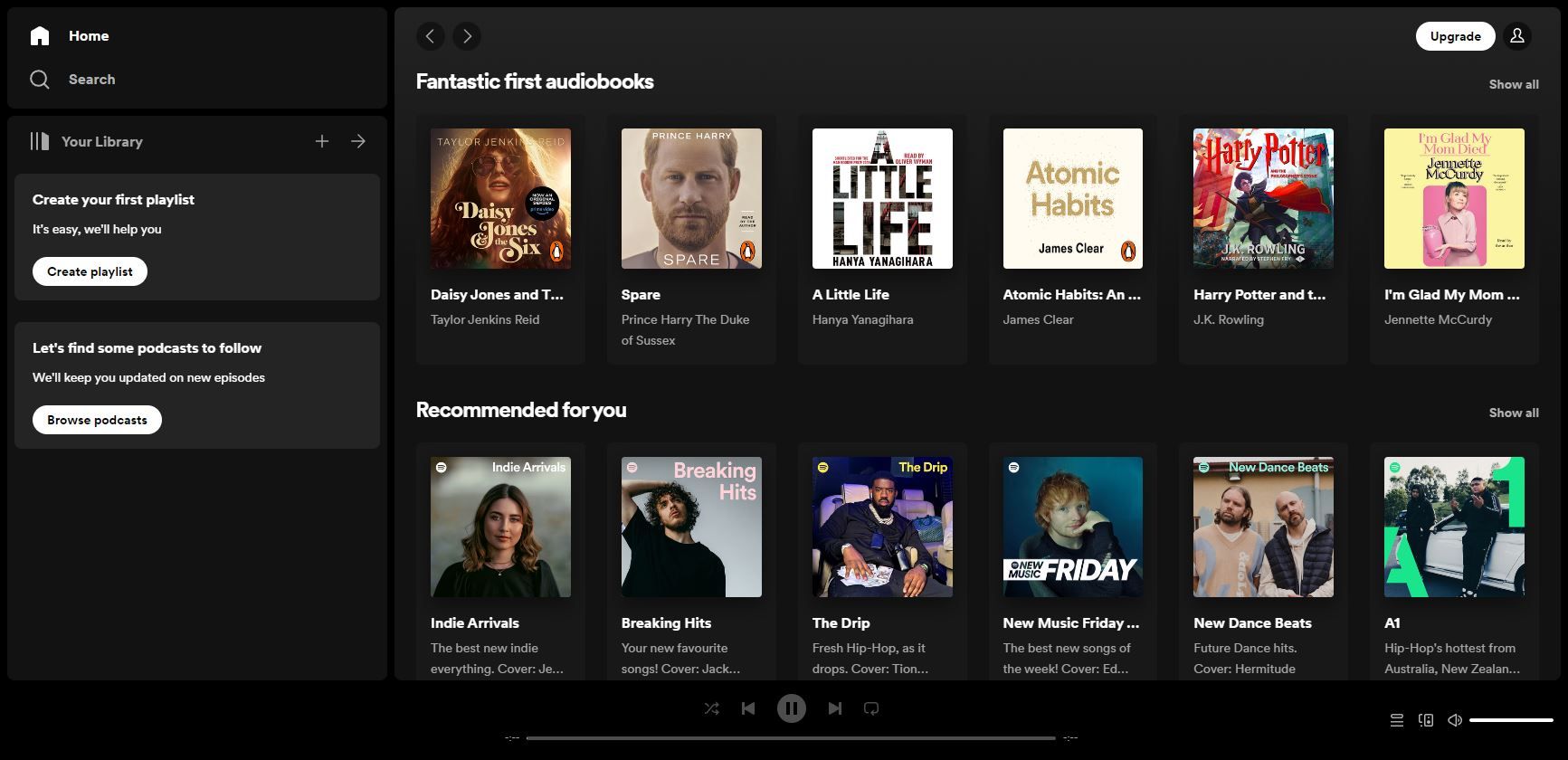 Uma captura de tela do serviço gratuito de escuta de música do Spotify