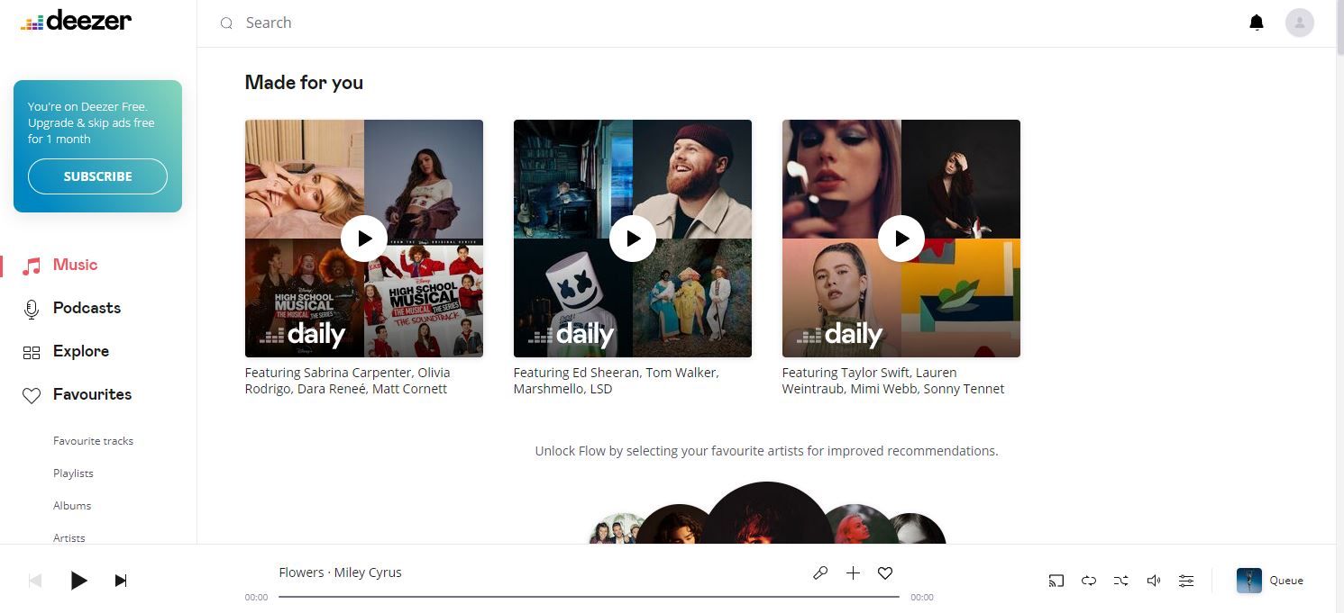 Uma captura de tela do serviço gratuito de escuta de música da Deezer