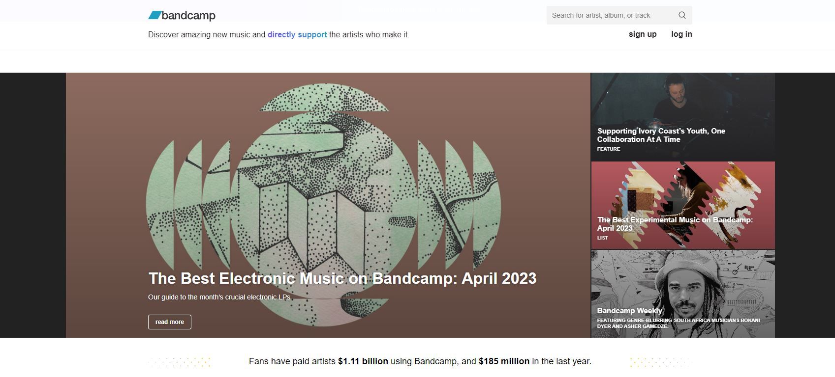 Uma captura de tela do serviço gratuito de escuta de música do Bandcamp