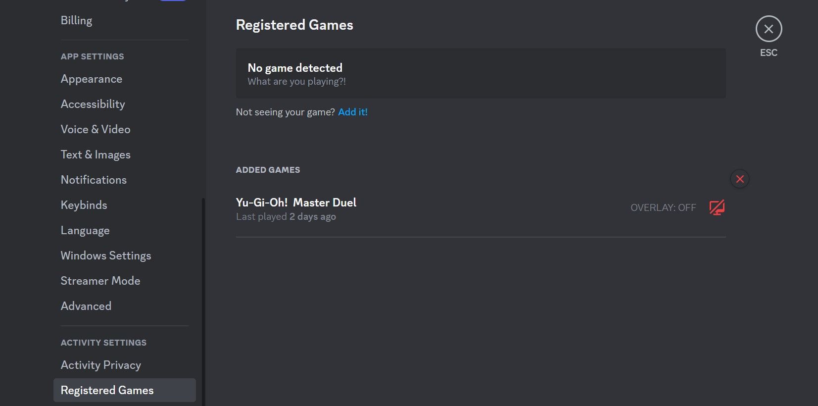 Verifique se o jogo está listado na seção Jogos adicionados da guia Jogos registrados nas configurações do Discord