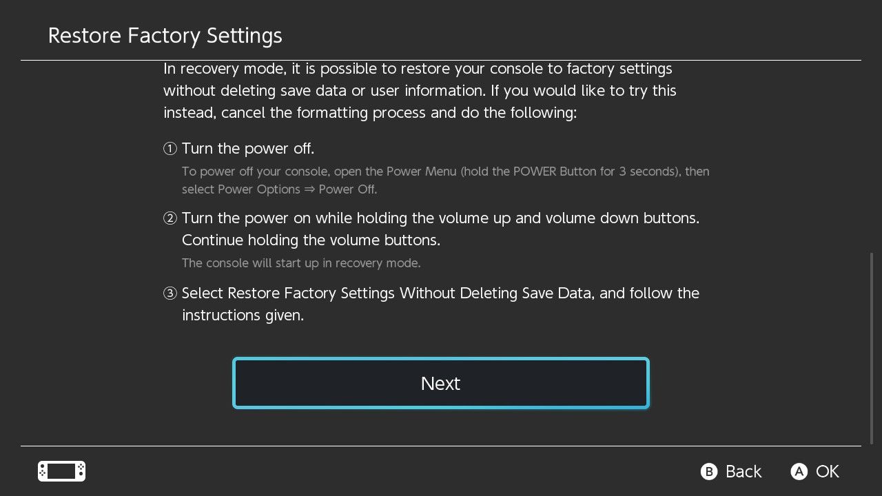 Uma captura de tela do aviso que aparece no Nintendo Switch depois que você seleciona Restaurar configurações de fábrica