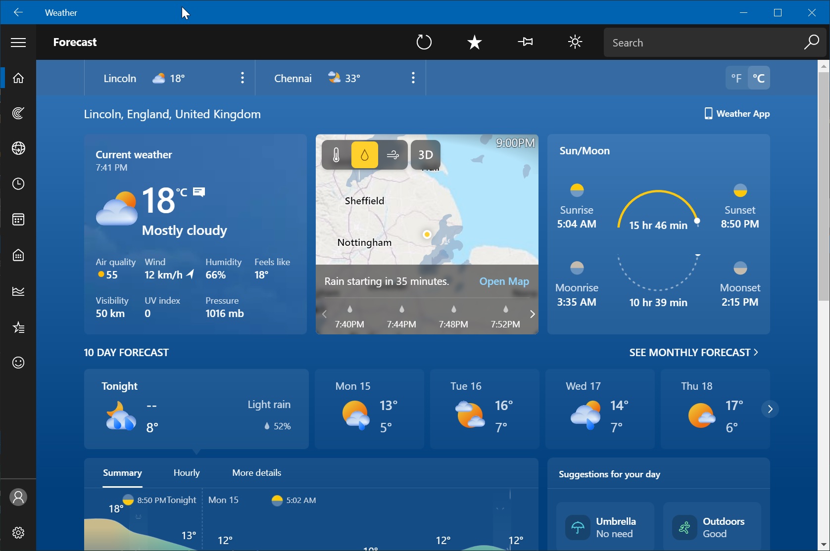 Página inicial do aplicativo Clima do Windows 11